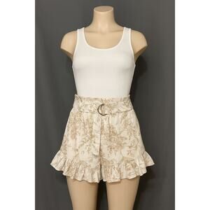 Boohoo High Rise Belted Ruffle Shorts Women’s Size 8 US White Floral Toile Print